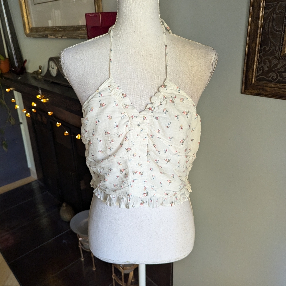 NEW American Eagle Large Halter Floral Crop Top Cottagecore Ruffle Ruched 115